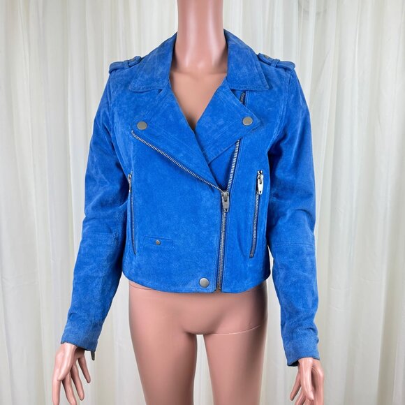 Women's SL8 Genuine Suede Asymmetric Zipper Accent Crop Moto Jacket Blue Size MD - Picture 1 of 16